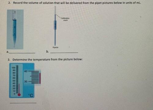Record the volume of solution that will be delivered from the pipet pictures below in units of mL
