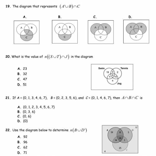 if you’re good with set theory and diagrams for math 30 please help with questions 19, 20, and 22!!