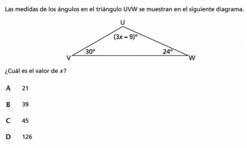 Las medidas de los angulos en el triangulo UVW en el siguiente diagrama