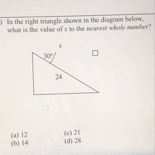 In the right triangle shown in the diagram below, what is the value of x to the nearest whole numbe