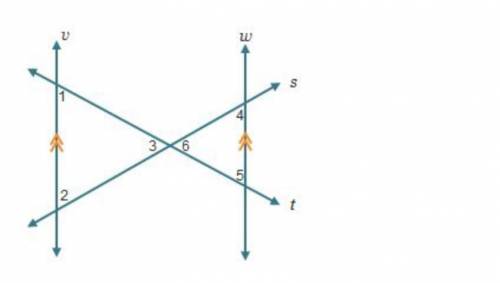 Line v is parallel to line w.

Parallel lines v and w are crossed by lines s and t to form 2 trian