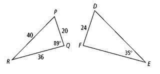In the diagram below, ∆PRQ ∼ ∆DEF. Find each of the following. m∠P Answer 1 Choose... DE Answer 2 C
