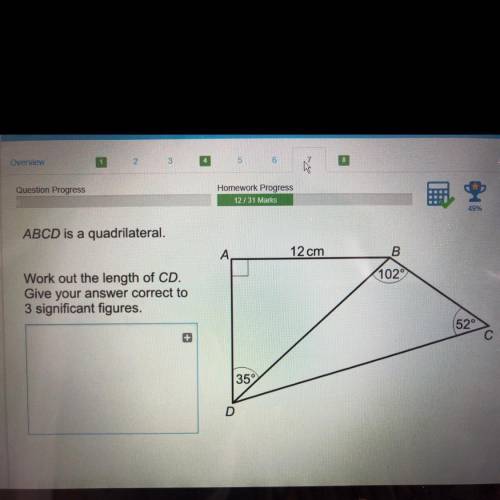 Abcd is quadrilateral. Work out the lenght of CD. Give your answer correct to 3 significant figures