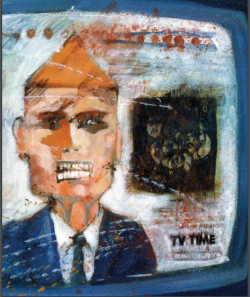 Examine the image of the television announcer and the picture behind him. What does this painting s