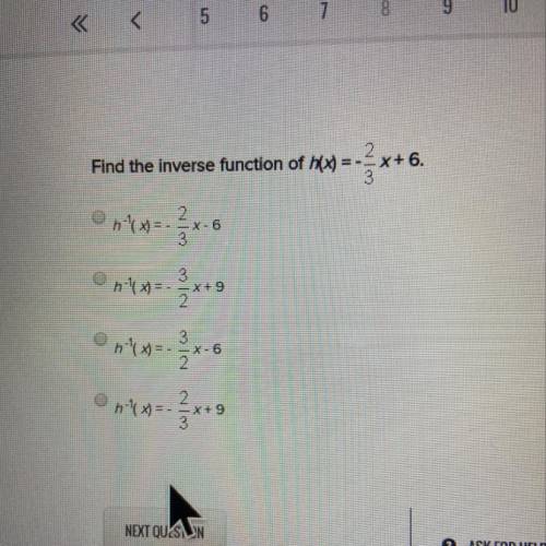 Find the inverse function of h(x)=-2/3x+6
