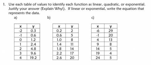 1. Use each table of values to identify each function as linear, quadratic, or exponential. Justify