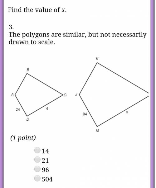 find the value of x. the polygons are similar, but not necessarily drawn to scale. (picture attache