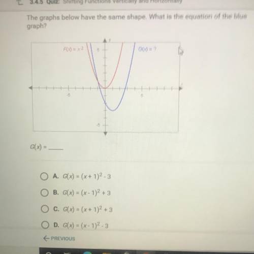 I need help pleaseee

The graphs below have the same shape. What is the equation of the blue
graph