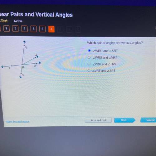 Which pair of angles are vertical angles?

ZWRU and ZSRT
ZWRS and ZVRTI
ZVRU and ZTRS
ZVRT and ZSR