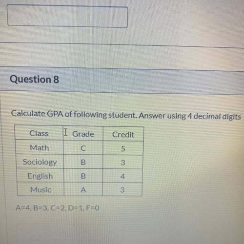 Calculate GPA of following student. Answer using 4 decimal digits

Class
I Grade
Credit
Math
C
5
S