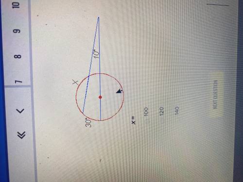 Circle with angles 30°, 10° x=