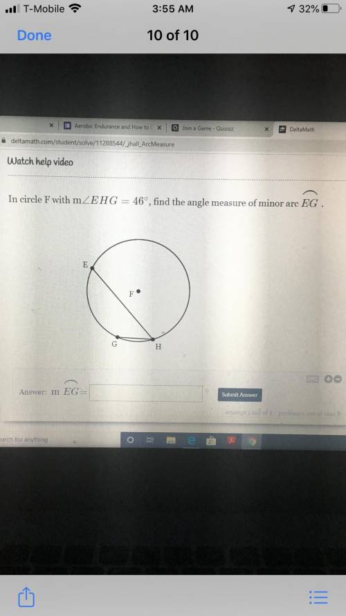 In circle F m EGG= 46 degrees find the angle measure of minor eg