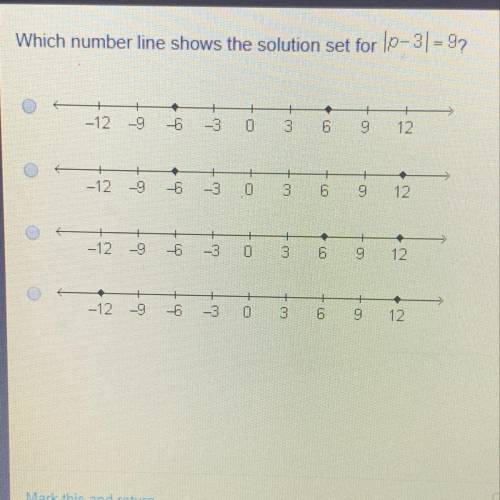 Which number line shows the solution set for |p-3| 9?

Please answer correctly my grade depends on