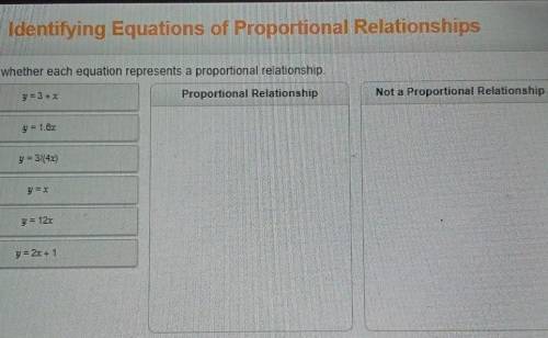 Determine whether each equation represents a proportional relationship.

y=3=Proportional Relation