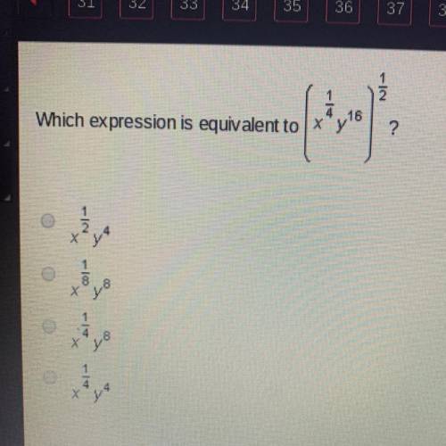 Which expression is equivalent to (x^14 y^1/6)^1/2

A.x^1/2y^4
B. X^1/8y8
C.x^1/4y^8
D.x^1/4y^4
Pl