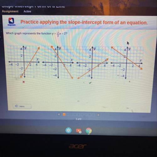 Which graph represents the function y=2/3x-2?
Answer is c