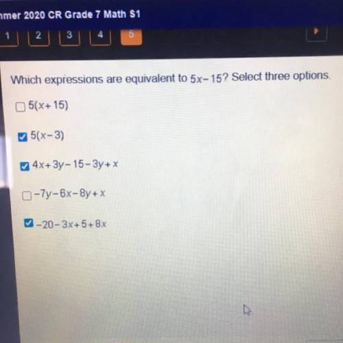 Which expressions are equivalent to 5x-15? Select three options 
B,C,E