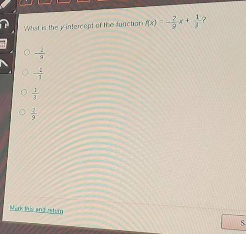 Help please and thank youWhat is the y intercept of the function f(x)= -2/9x + 1/3?