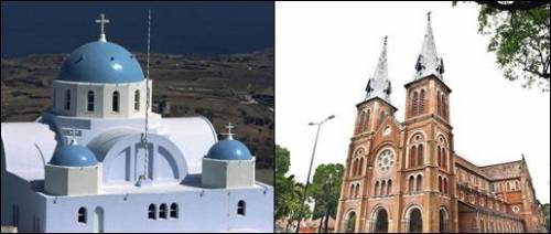 Which of these statements accurately describes the two churches shown here? A. The church on the ri