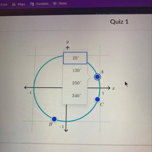 For each point on the unit circle select the angle that corresponds to it
Points: A, B, C