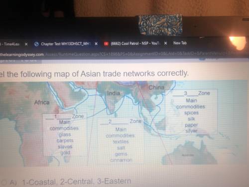 Label the following map of Asian trade networks correctly A) costal central eastern B) Arab Indian