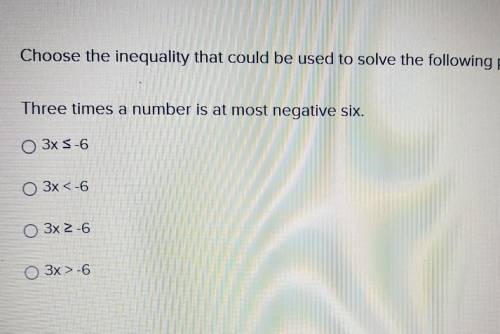 Choose the inequality that could be used to solve the following problem.

Three times a number is