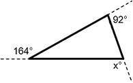 Determine the value of the missing exterior angle. options: A) 104° B) 256° C) 72° D) 92°