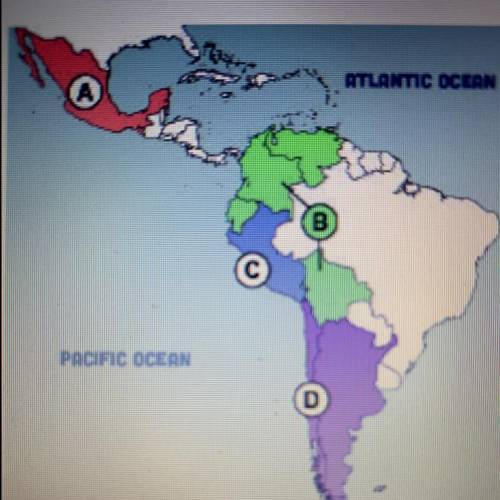 This map shows a portion of the Americas. Which region was freed primarily

by Simón Bolivar?
ATLA