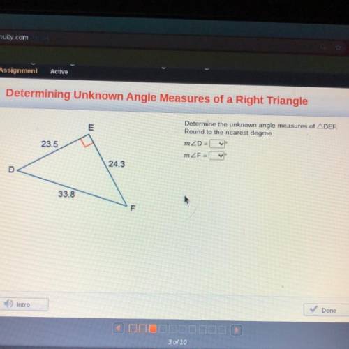 Determine the unknown angle measures of ADEF.

Round to the nearest degree.
m2D
23.5
m2 =
24.3
D
3