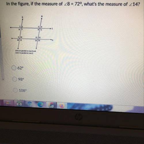 In the figure, if the measure of 28 = 72°, what's the measure of 214?