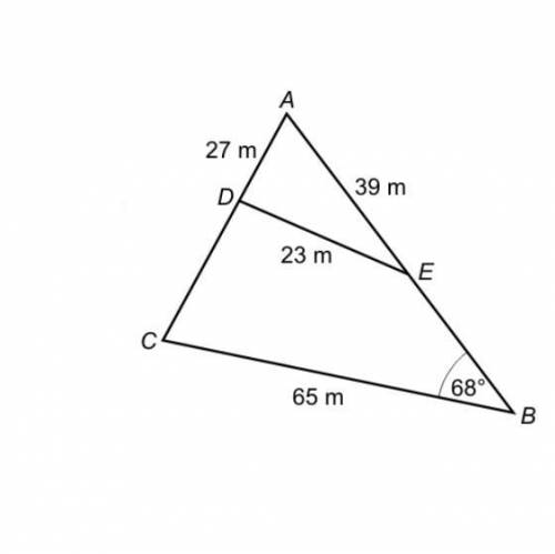 The diagram shows triangle ABC with D on AC and E on AB. DE is a straight line. AD = 27 m, AE = 39
