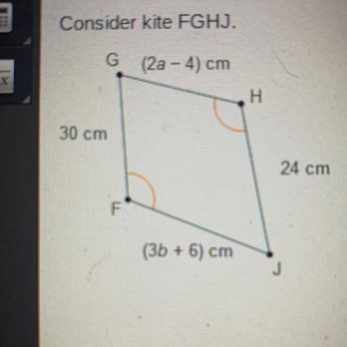 Consider kite FGHJ.

What are the values of a and b?
A. a = 14, b = 6
B. a = 14, b = 8
C. a = 17.