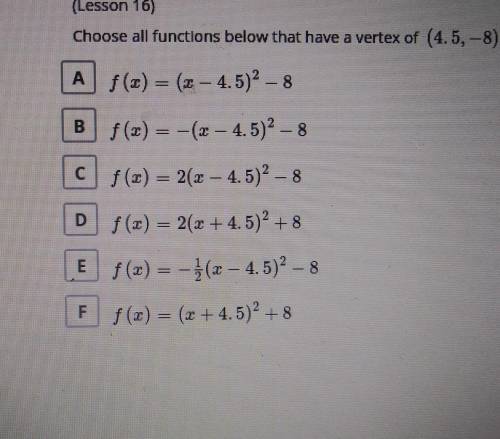 Choose all functions below that have a vertex of (4.5,-8)