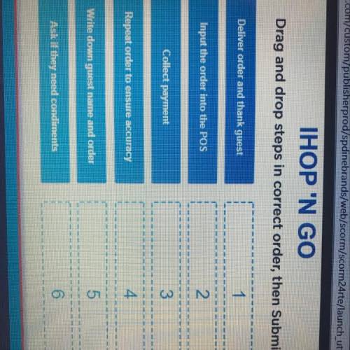 IHOP 'N GO

Drag and drop steps in correct order, then Submit.
Deliver order and thank guest
Input