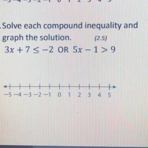 Solve each compound inequality and
graph the solution.
3x + 7 <-2 OR 5x - 19