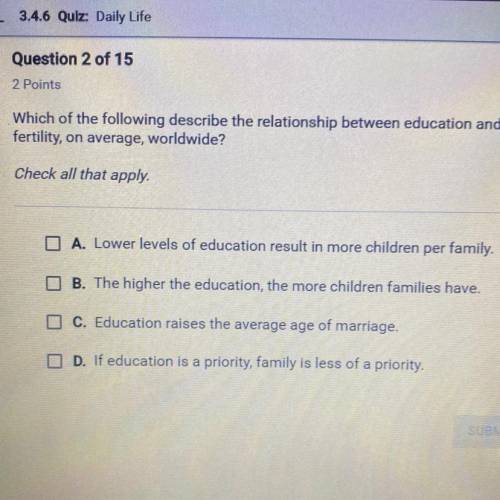 Which of the following describe the relationship between education and

fertility, on average, wor