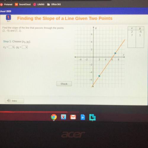 Y

Find the slope of the line that passes through the points
(2,-5) and (7.1).
x
2
7
y
-5
1
on
4
S