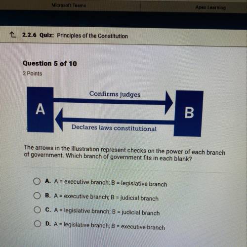 Confirms judges

A
B
Declares laws constitutional
The arrows in the illustration represent checks