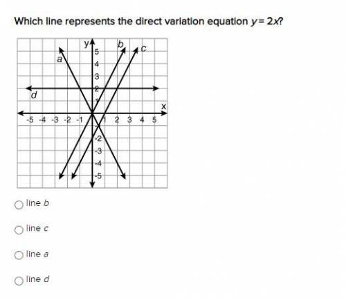 Which line represents the direct variation equation y = 2x?