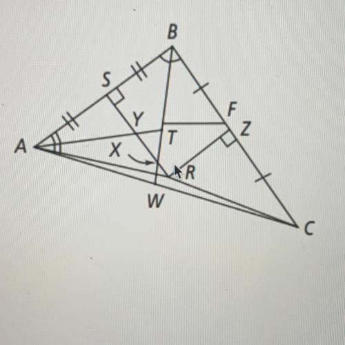 Which segment is an angle bisector of triangle ABC?
A. BX
B. SR
C. BF
D. AR