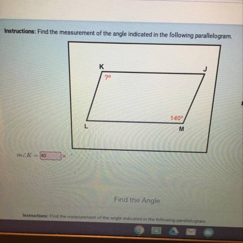 Instructions: Find the measurement of the angle indicated in the following parallelogram.