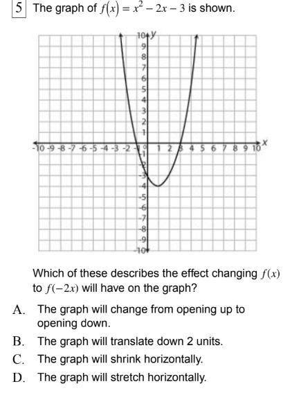 Help please and thank you: The graph of f x = x2 − 2x − 3 is shown. Which of these describes the ef