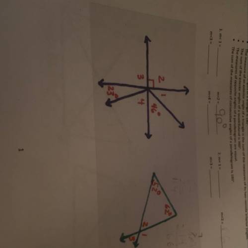 What are the measures of angles 1,2,& 4 on #1 & what are the measures of 1,2 & 3 on #2?