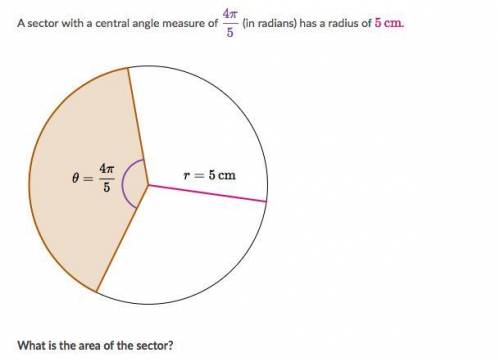a sector with the central angle measure of 4pi/5 (in radians) has a radius of 5 cm. What is the are