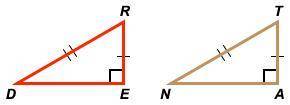 In the graphic above, ΔRED ≅ ΔTAN by: aHL. bSSA. cSAS. dThe triangles are not congruent.