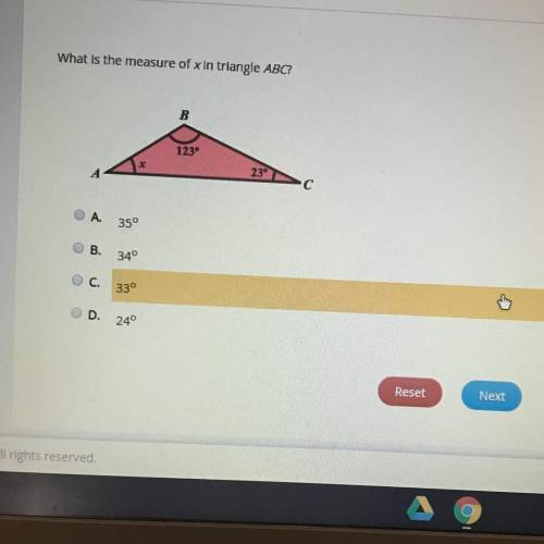 What is the measure of x in triangle ABC.