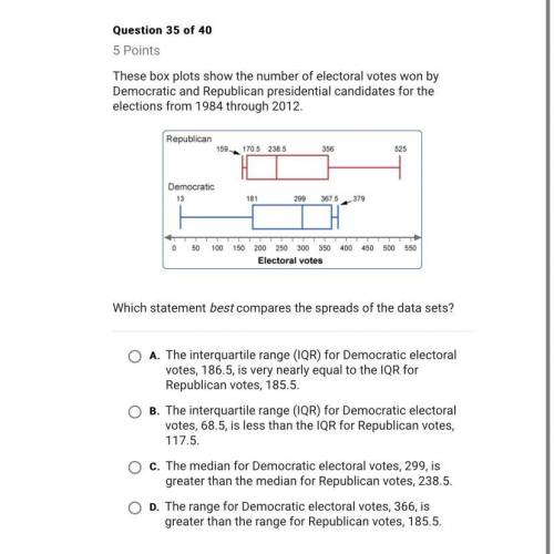 Please help ASAP

These box plots show the number of electoral votes won by the democratic and rep