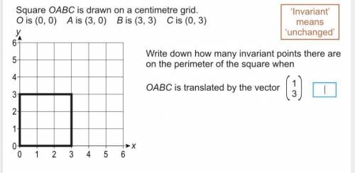 Square OABC is drawn on a centimetre grid. O is (0,0) A is (3,0) B is (3,3) C is (0,3) Write down h