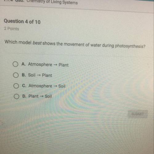 Which model best shows the movement of water during photosynthesis?

A. Atmosphere →plant 
B. Soil