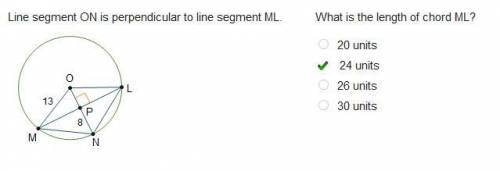 Line segment ON is perpendicular to line segment ML. Circle O is shown. Line segments M O, N O, and
